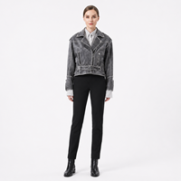 Blouson court pour femme en peau de mouton écologique, style motard, couleur anthracite, effet délavé et vieilli, avec fermeture éclair asymétrique et lacets latéraux, personnalisable