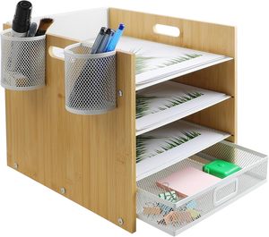 מגש אותיות מתכת במבוק עם ידית ידית A4 רשת שולחן תיק מארגן עם מחזיק עט מגירה 4 מדף מחזיק מעמד נייר - Product Image 1