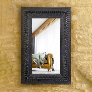 Miroir mural en bois sculpté à la main, style rustique, cadre noir vieilli, miroir décoratif de luxe - Product Image 1