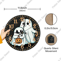 Horloge murale ronde en bois d'Halloween Spooky Sculpture Squelette Horloge Maison Chambre Halloween Décor Cadeau