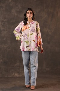 Buy Luxury Nature Inspired Bird Floral <b>Shirt</b> Mandarin Neck Boutique Casual Designer Blouse Collection For Women - Product Image 6