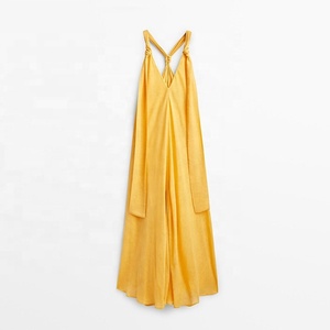 Tongrui 2023 S22 <span class=keywords><strong>Abito</strong></span> <span class=keywords><strong>Lungo</strong></span> Giallo con Spalline Incrociate sulla Schiena e Dettaglio Nodo in Viscosa e Lino Vestito Ampio - Product Image 5