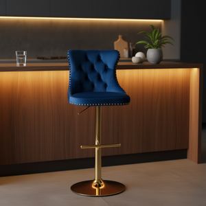 Tabouret de bar en velours bleu capitonné, hauteur réglable de 25 à 33 pouces, base en métal rembourrée moderne pour bar à domicile - Product Image 2