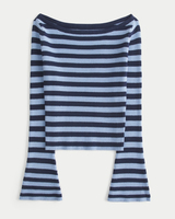 Pull court en maille côtelée rayée à épaules dénudées pour femme, avec manches longues et poignets évasés, coupe ajustée, idéal pour le quotidien