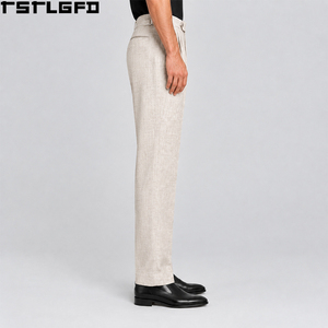 Pantalon en lin coupé-cousu pour homme, style Old Money, beige, taille haute, plissé italien, ajustement latéral, coupe fuselée, luxe discret, vente en gros - Product Image 2