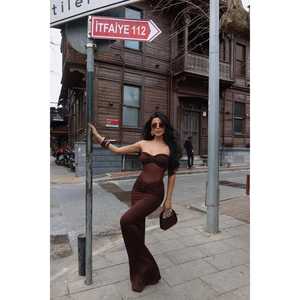 Vestido de Noche Formal Marrón Armen con Detalle de Tul, Cuello Redondo, Cintura Imperio, Silueta de Vestido de Gala, Tallas XS-XL, con Lentejuelas y Volantes - Product Image 2