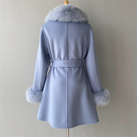Manteau de laine double face élégant fait à la main, respirant, couleurs personnalisées, col en fourrure de renard véritable de luxe, manteau d'hiver en laine bleu clair pour femmes