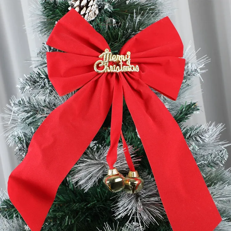 Wholesale Merry Christmas Tree Decoration Bow Polyester Red Christmas Bow With Small Bell Decorative Bow