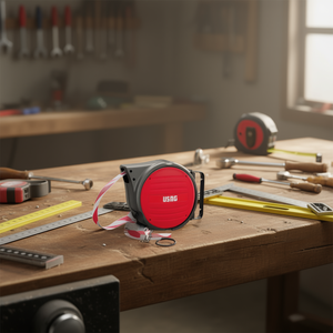 Cinta métrica retráctil Usag de 10 m con rayas rojas y blancas y gancho para medir - Product Image 3