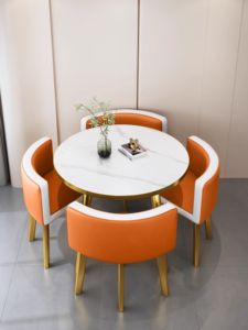 Juego de Comedor de Lujo con Mesa Redonda y Sillas Metálicas, Madera MDF, para Sala de Estar, Restaurante, Bar, Oficina, 1 Mesa y 4 Sillas, Gran Venta - Product Image 4