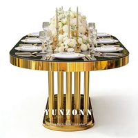 Meubles de mariage en gros, table longue ovale en acier inoxydable doré, plateau en verre miroir blanc, table de salle à manger, table d'hôtel pour mariage