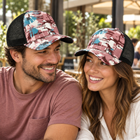 Casquette de camionneur personnalisée avec motif abstrait sur toute la surface, dos en maille noire, visière incurvée