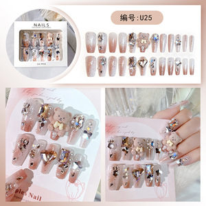24 faux ongles à presser en acrylique, motif cœur 3D, lune, papillon, strass, nœud rose, perle, style français - Product Image 6