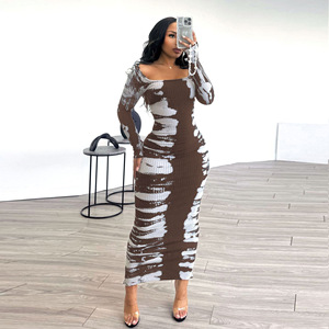 Vêtements d'été pour femmes <span class=keywords><strong>Robe</strong></span> <span class=keywords><strong>Robe</strong></span> Maxi à manches longues Impression élastique Sexy Party Night Club Bodycon Streetwear Casual Dresses - Product Image 5