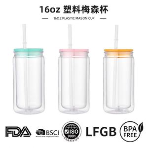 Wholesale 16Oz Double-Layer Plastic Acrylic Snow Globe Pull-Tab Mason Jar Tumbler Water Cup Bottom-<b>Drilled</b> With Silicone Stopper - Product Image 2