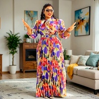 Robe de Soirée Modeste pour Printemps-Été, Manches Ballon Imprimées Florales Plissées en Mousseline pour Femme K0807