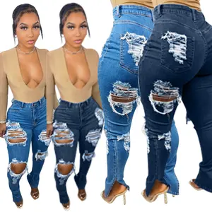 2022 Fabriek Groothandel Temperament Mode Stretch Versnipperd Hollow Pocket Slit Hoge Taille Fringe Broek Jeans Vrouwen Broek