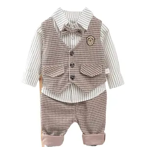 Factory Price 2024 Children Spring Autumn Plaid Pattern Clothing Sets Boys Long-sleeved Shirt & Pants 3 Pieces