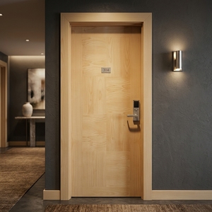 Ensemble de portes affleurantes en parquet avec placage en bois de teck à motif géométrique et cadre assorti - Product Image 4