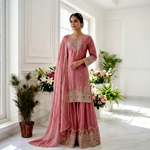 Pink Silk Traditional Indian Pakistani <b>Women</b> Floor-Length <b>Kurta</b> Set With Dupatta Regular Fit Ethnic Outfit All Seasons - Product Image 1
