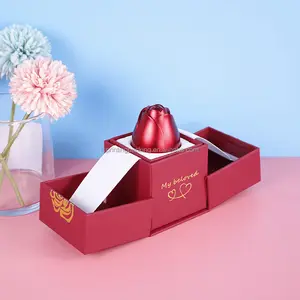 Dua Sisi Kertas Terbuka Kotak Hadiah Kemasan Naik Logam Bunga Mawar Merah Perhiasan Set Kotak untuk Profosal