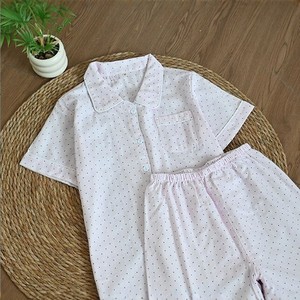 SUHE PJ-1468 Women's Polka Dot Short Sleeve Shirt And Trousers Set Cotton Oxford Home Wear For Young Women - Product Image 2