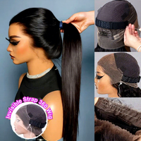 Perruque 360 en cheveux naturels, longue et droite, noire, avec cordon de serrage invisible, prête à l'emploi, en dentelle complète, pour femmes, vente en gros