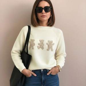 Trending Anti-Wrinkle Casual Teddy Bear White Sweater for Coffee Date and Daily Outfit Soft Texture Knitted Pullover <strong>Jumper</strong> Top - Product Image 1
