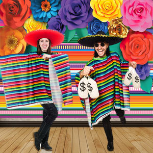 Sfondo a Righe per Festa a Tema Messicano, Decorazione per Fiesta Cinco De Mayo con Fiori di Carta - Product Image 3