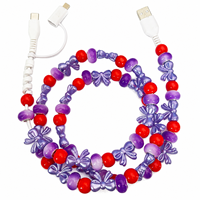 Câble de charge perlé avec nœud lavande, rouge et violet, mignon et kawaii, cordon de téléphone 3-en-1 USB Type C, accessoire de mode, cadeau