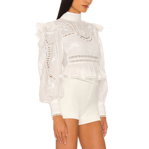 Top Corto Elegante da Donna <span class=keywords><strong>con</strong></span> Maniche a Lanterna Ricamate, Pizzo Traforato e Fiocco sulla Schiena, Bianco - Product Image 3