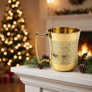Taza Damru de Latón Hecha a Mano con Asa Decorativa, Taza Tradicional de Metal para Beber Agua, Jugo, Lassi, Artística y de Primera Calidad - Product Image 6