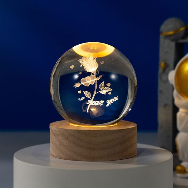 Home Decor Small Night Lights 3D Art Crystal Ball Lamp Luminous Crystal Ball Decoration Solar System With Led Wood Base