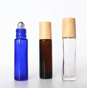 الفاخرة زيت طبيعي زجاجة مع خشبية الحبوب كاب 10 مللي لفة على زجاجة زجاجات أسطوانية ل زيت طبيعي s