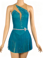 Robe de patinage artistique asymétrique bleu sarcelle avec découpes et ceinture en strass, jupe sans manches pour filles et adultes, compétition et performance