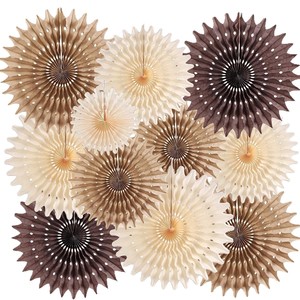Set de Decoración Colgante para Fiestas de Cumpleaños, Bodas y Graduaciones: Bolas de Nido de Abeja Huecas Color Café Caqui y Abanicos de Papel - Product Image 3