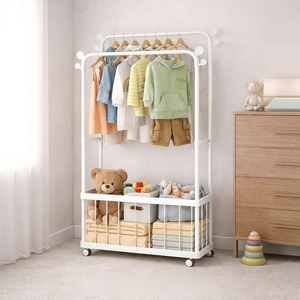 <b>White</b> Double Tier Metal <b>Clothing</b> <b>Rack</b> with Wheels for Children's Room Storage and Toy Organization - Product Image 2