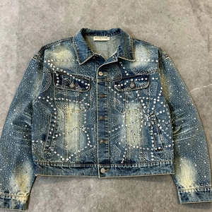 <span class=keywords><strong>Chaqueta</strong></span> vaquera gruesa con cuello vuelto, pedrería y cristales, estilo streetwear, verde, con bolsillos cargo personalizados, cortavientos - Product Image 2
