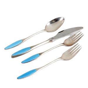 Ensemble de couverts royaux réutilisables en acier inoxydable motif feuille émail bleu ciel ensemble de couverts plaqués argent à poignée d'extrémité - Product Image 1