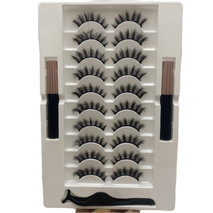 Ensemble de dix paires de <span class=keywords><strong>faux</strong></span> <span class=keywords><strong>cils</strong></span> en soie magnétique réutilisables, style épais naturel 3D imperméable avec trois paires d'<span class=keywords><strong>eyeliner</strong></span> doux - Product Image 1