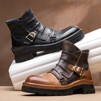 Bottes de moto style rétro pour hommes, nouvelle collection automne-hiver, bottes courtes en cuir véritable à semelle épaisse, chaussures pour hommes