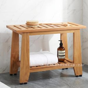 Ti Zun Wooden Shower Stool Solid Wood Double Layer <b>Storage</b> Bathroom Bench With Towel Rack And Shelf For <b>Bath</b> Toiletries - Product Image 1