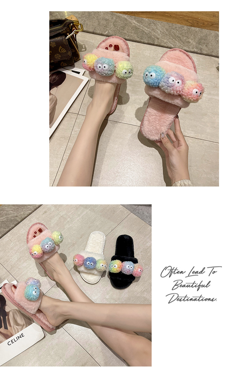 Fashion Cartoon Cute Fluffy Slippers for Women Casual Flat Wool Ball Cotton Slippers