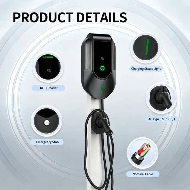 7 kW Wallbox Fast Electric Vehicle EV Charging Station with 5M Type 2 Gun 4.3In Screen 32A GB Interface AC176-264V Input