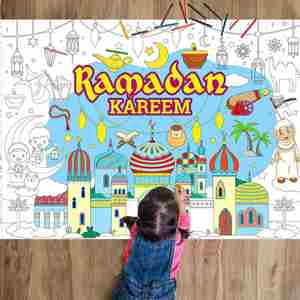 2pcs Ramadan Birthday <b>Paper</b> Poster with 6pcs Pens Coloring <b>Tablecloth</b> DIY Pencil Disposable Table Cover for Kids Playing - Product Image 1