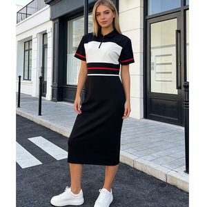 Robe midi élégante décontractée pour femmes et filles, à col zippé, manches <span class=keywords><strong>courtes</strong></span>, couleur unie, taille <span class=keywords><strong>haute</strong></span>, idéale pour le bureau, le travail ou les soirées - Product Image 1