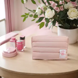 Recyclable wholesale private label custom logo large travel women pink cute soft puffy quilted cotton cosmetic makeup bag set