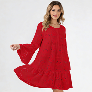 Vestido Casual de Verano para Mujer, Rojo, con Bordado de Ojales, Manga Acampanada, Escalonado, Largo hasta la Rodilla, Lavable, para Primavera y Otoño - Product Image 5