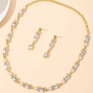 Fashion Bride Statement Choker Wedding Accessories Diamond Pearl Necklace Earrings Set For Woman