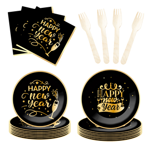DAMAI New Years Eve Party Supplies Happy New Year Tableware Set <b>Disposable</b> Paper Plates Paper Cup Napkins and Wooden Cutlery - Product Image 4